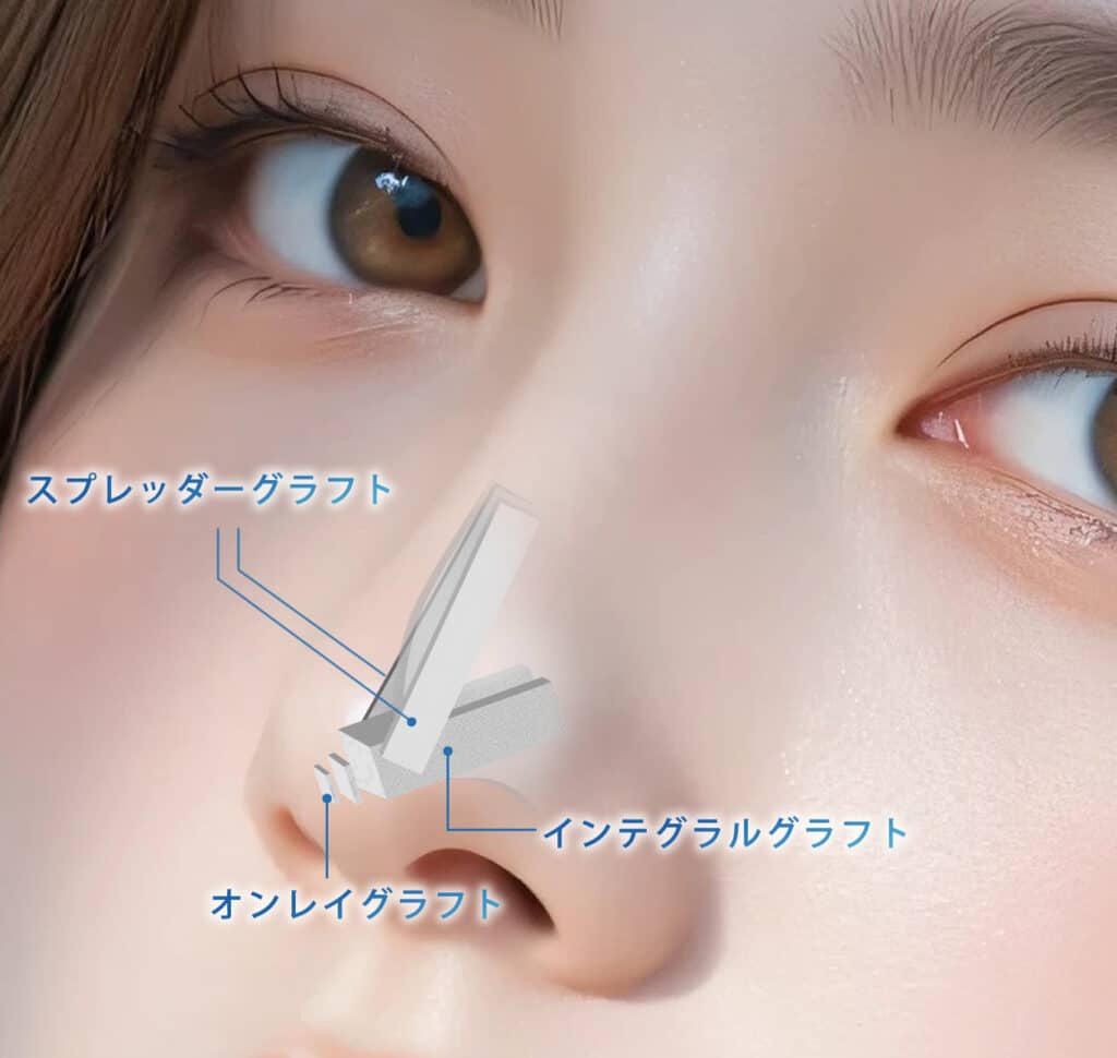 肋軟骨移植でスプレッダーグラフとインテグラルグラフトとオンレイグラフトを併用した図解