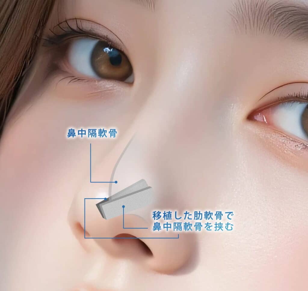 肋軟骨2枚で鼻中隔を挟んで鼻先を高くした図解